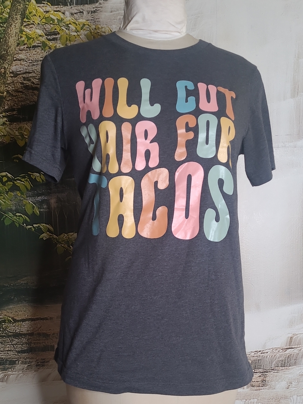 Womens Medium Gray Will Cut Hair For Tacos short sleeve graphic Tshirt